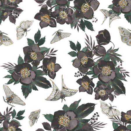 Dark Flowers and moth Seamless Pattern Background